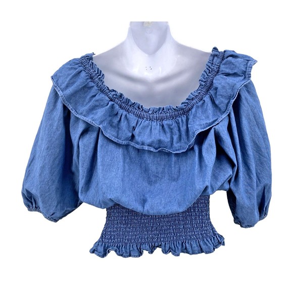 Retro 70s Chambray Top M Denim Blue On or Off Shoulder Wide Ruched Waist Ruffle - Picture 5 of 12